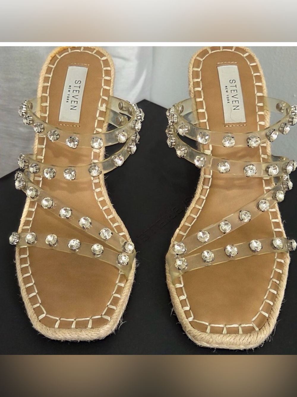 Steve Madden Clear Crystal Strappy Espadrille Sandals - Tan